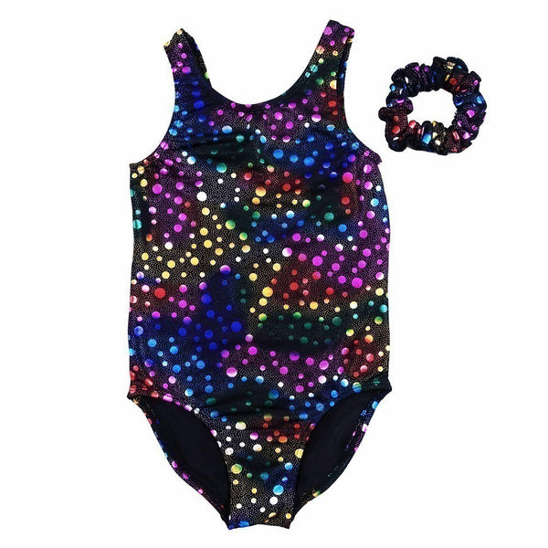 Girls Black Multi Color Rainbow Dots Leotard S (9-24M)-XL (6-8) - SophiasStyle.com